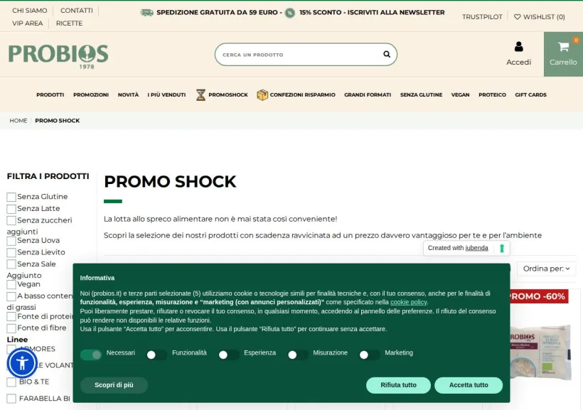 Schermata della pagina offerta di Probios