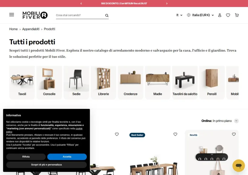 Schermata della pagina offerta di Mobili Fiver