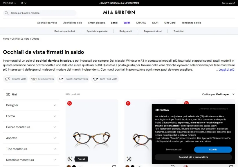 Schermata della pagina offerta di Mia Burton