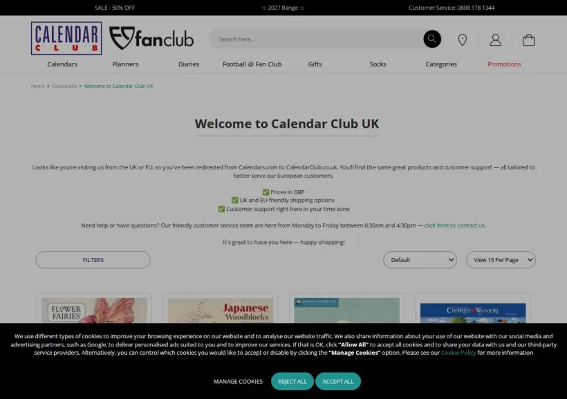 Schermata della pagina offerta di Calendars.com
