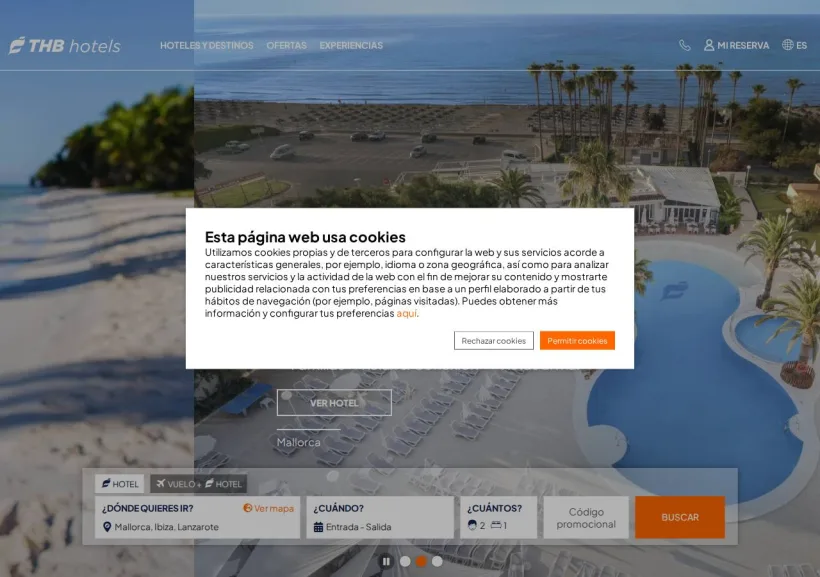 Schermata della pagina offerta di THB Hotels