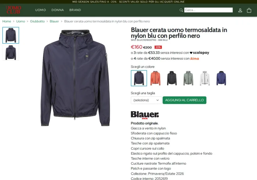 Schermata della pagina offerta di UOMO CLUB