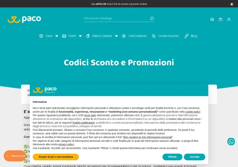 Schermata della pagina offerta di Paco Pet Shop