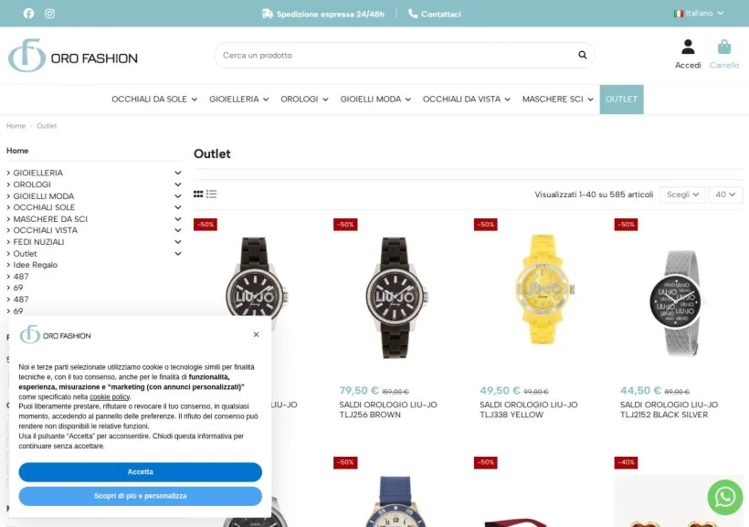 Schermata della pagina offerta di Oro Fashion
