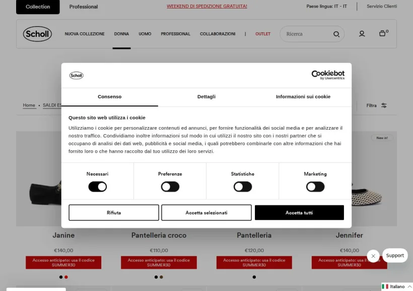 Schermata della pagina offerta di Scholl shoes