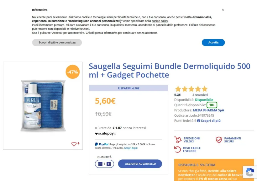 Schermata della pagina offerta di Openfarma