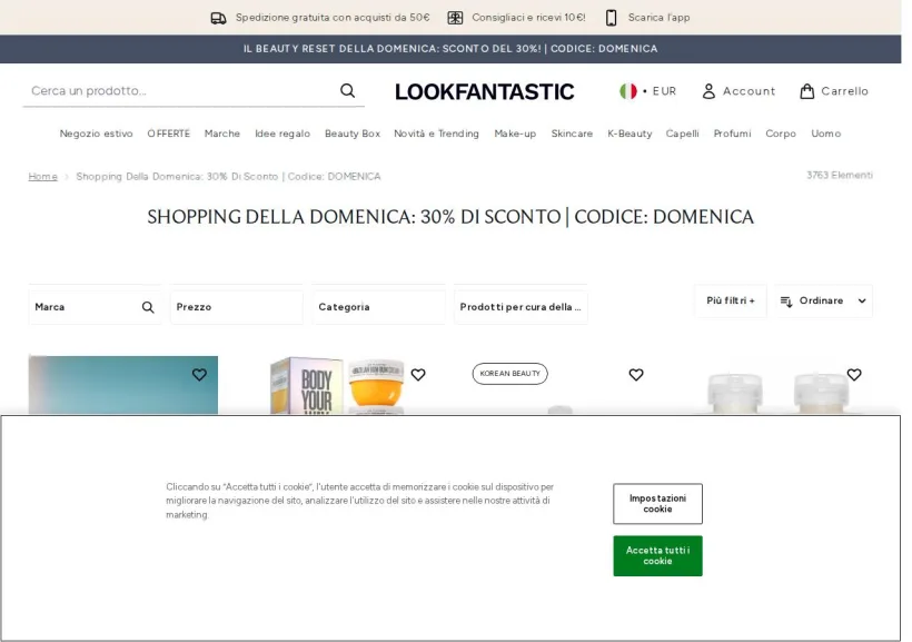 Schermata della pagina offerta di Look Fantastic