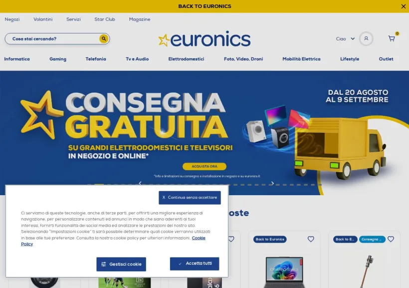 Schermata della pagina offerta di Euronics