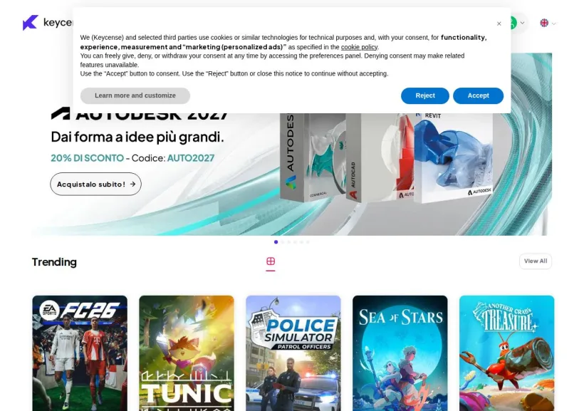 Schermata della pagina offerta di Keycense