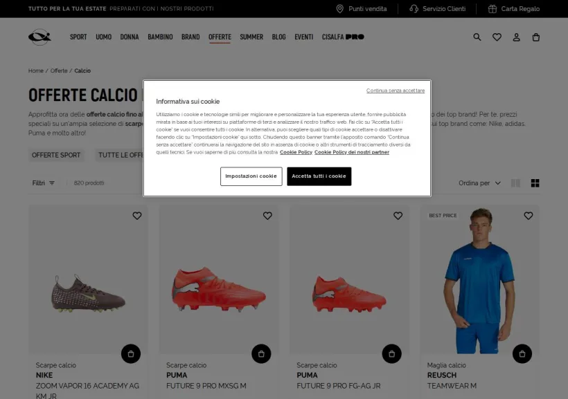 Schermata della pagina offerta di Cisalfa