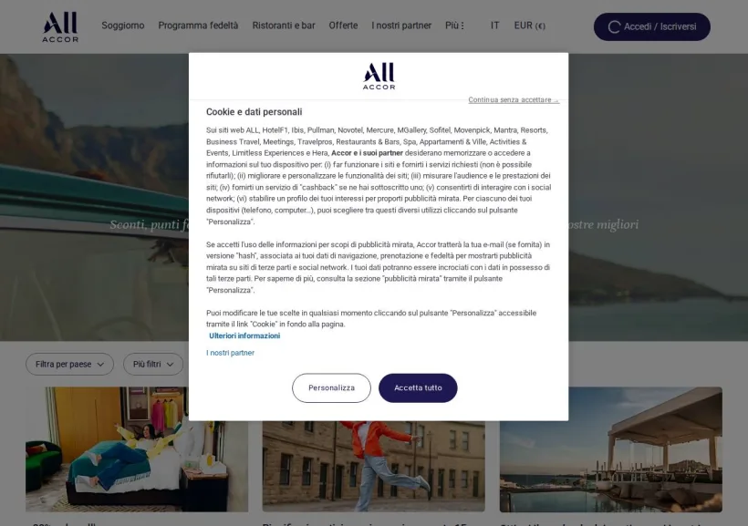 Schermata della pagina offerta di ALL Accor Live Limitless