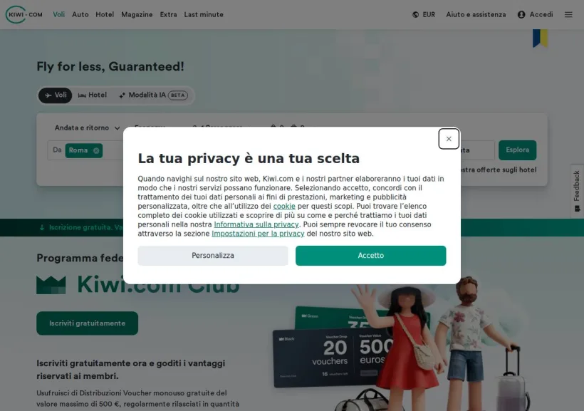 Schermata della pagina offerta di Kiwi