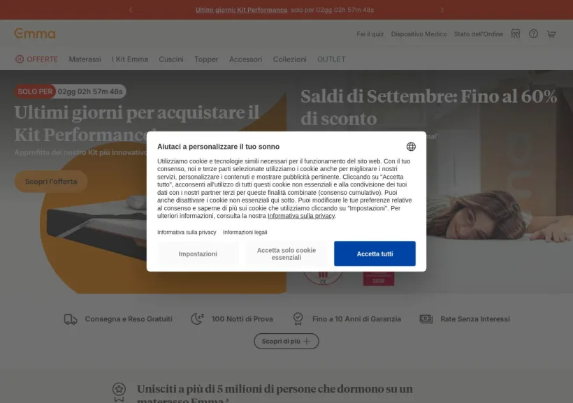 Schermata della pagina offerta di Emma Mattress