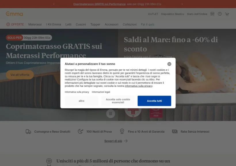 Schermata della pagina offerta di Emma Mattress