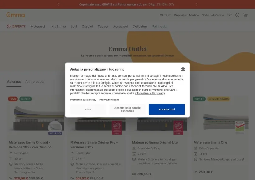 Schermata della pagina offerta di Emma Mattress