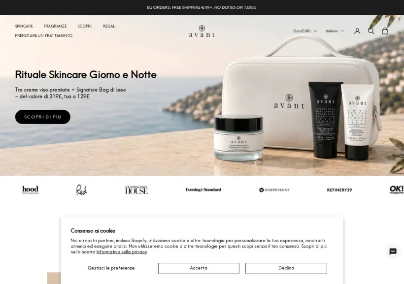 Schermata della pagina offerta di Avant Skincare