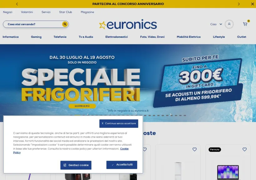 Schermata della pagina offerta di Euronics