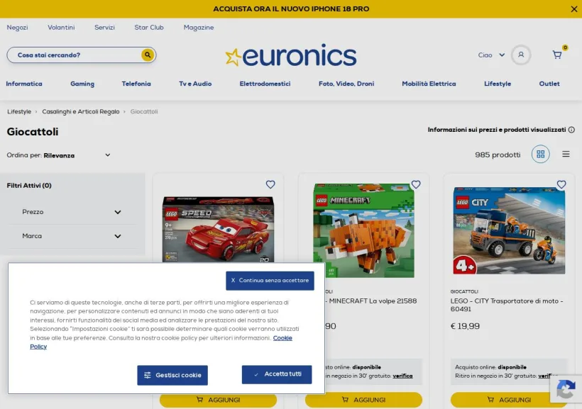 Schermata della pagina offerta di Euronics
