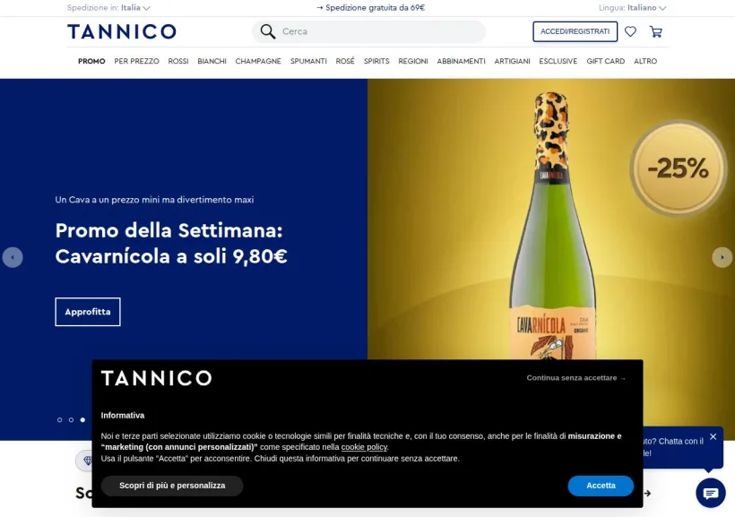 Schermata della pagina offerta di Tannico