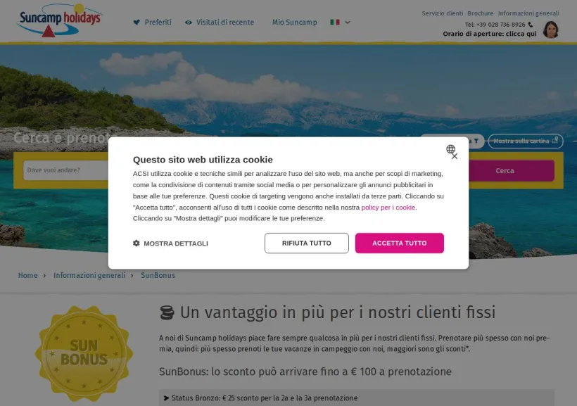Schermata della pagina offerta di Suncamp