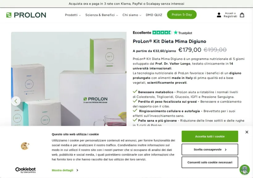 Schermata della pagina offerta di Prolon