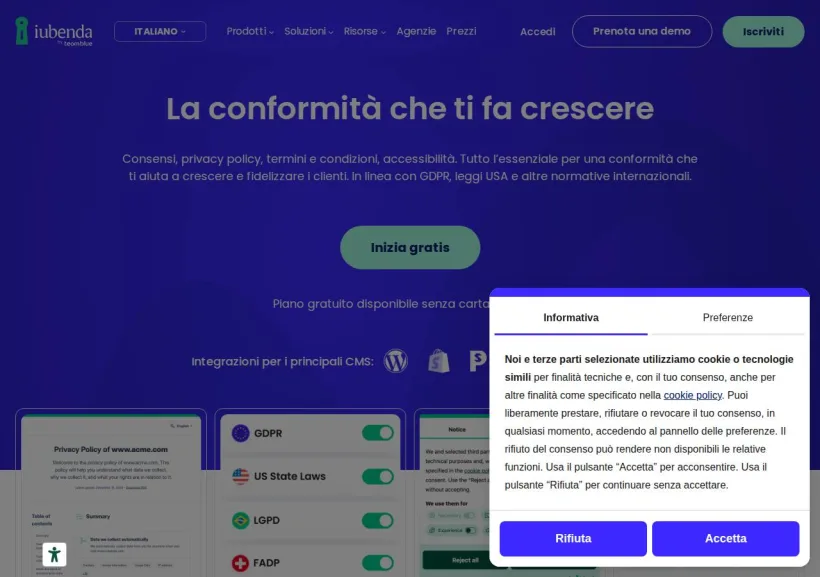 Schermata della pagina offerta di iubenda global