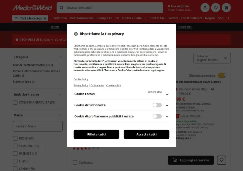 Schermata della pagina offerta di Mediaworld