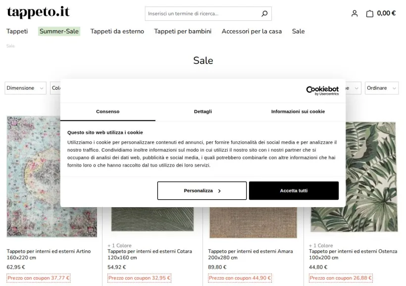 Schermata della pagina offerta di tappeto.it