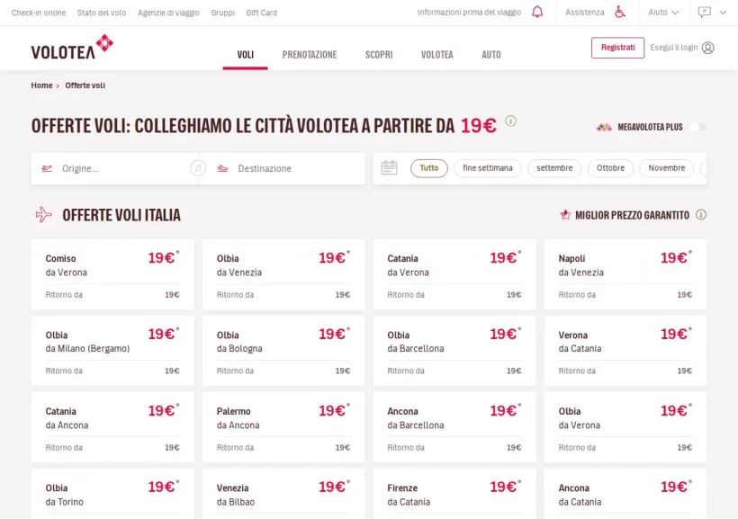 Schermata della pagina offerta di Volotea