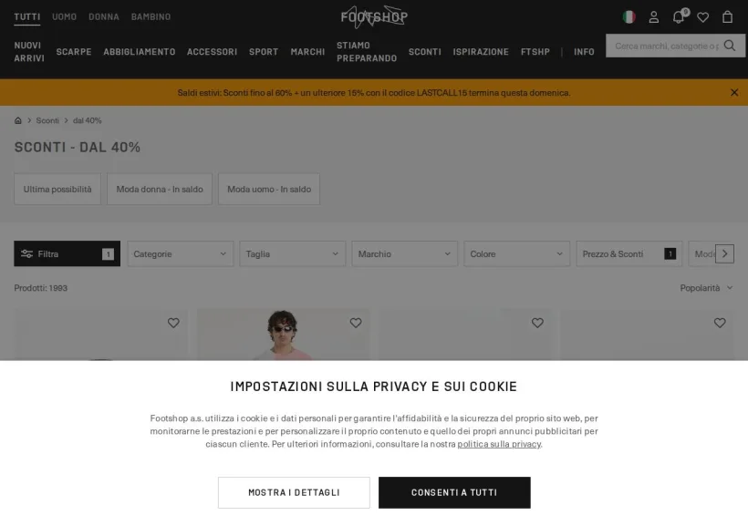 Schermata della pagina offerta di Footshop