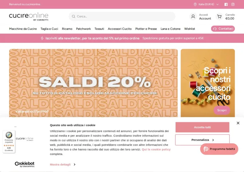 Schermata della pagina offerta di Cucire Online