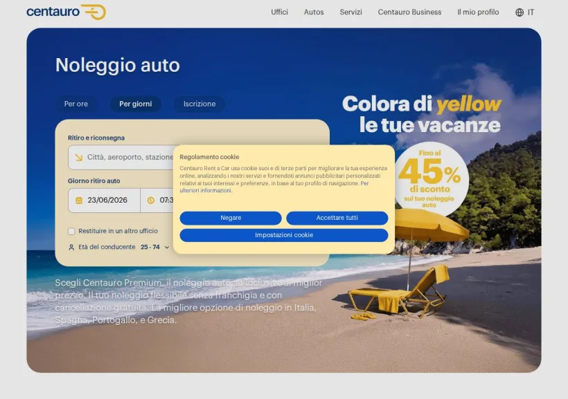 Schermata della pagina offerta di Centauro Rent a Car