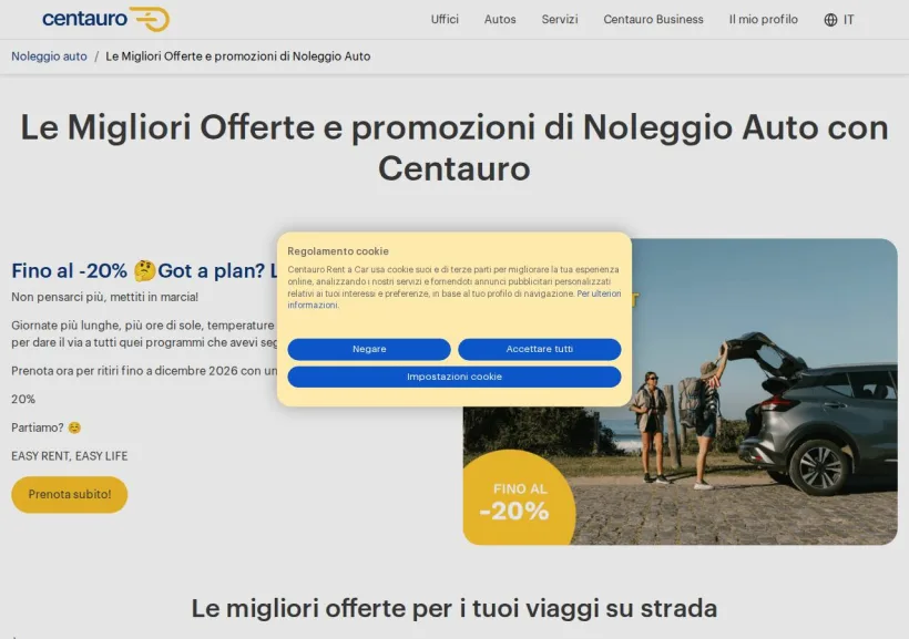 Schermata della pagina offerta di Centauro Rent a Car