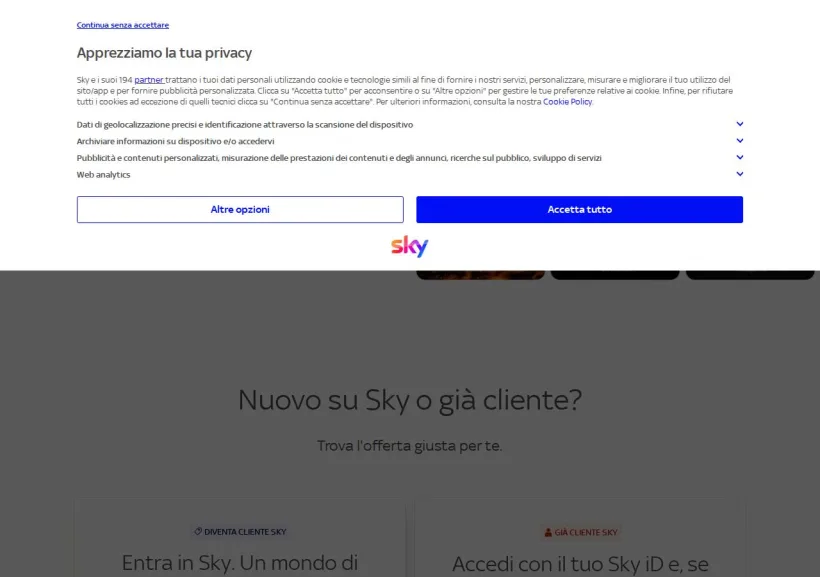 Schermata della pagina offerta di SKY