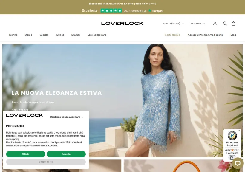 Schermata della pagina offerta di Loverlock boutique on line