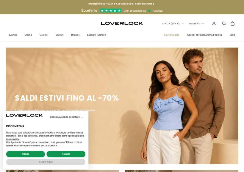 Schermata della pagina offerta di Loverlock boutique on line