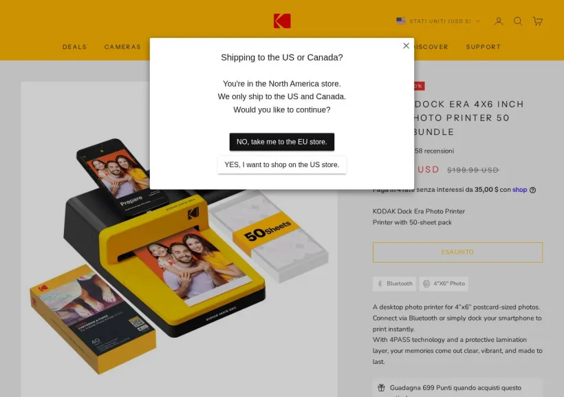 Schermata della pagina offerta di Kodak
