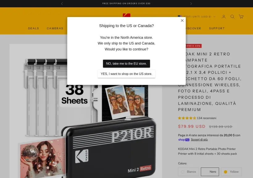 Schermata della pagina offerta di Kodak