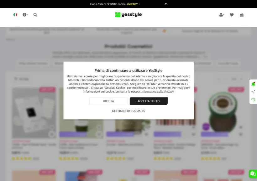 Schermata della pagina offerta di YesStyle