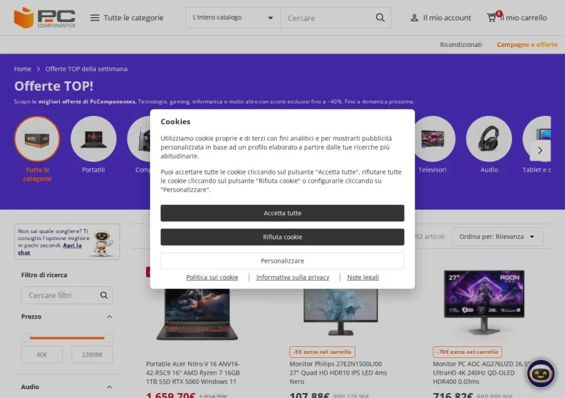 Schermata della pagina offerta di Pc Componentes
