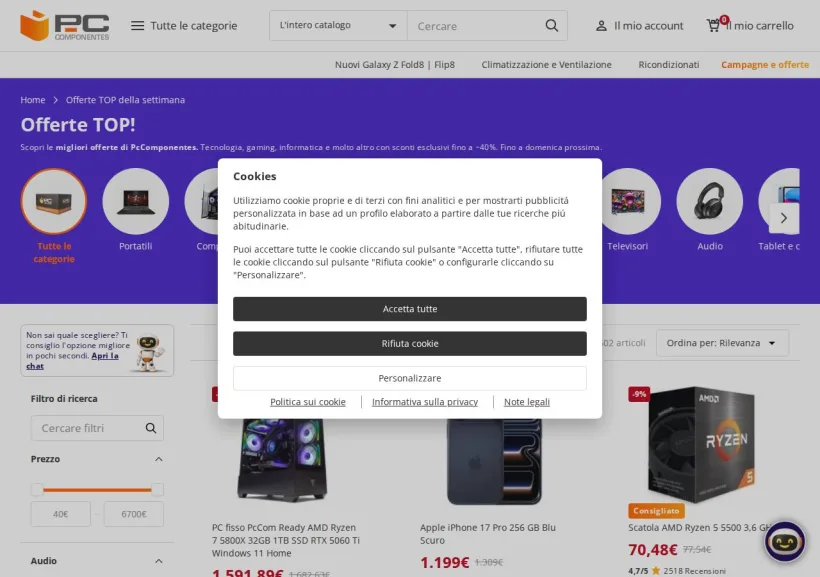 Schermata della pagina offerta di Pc Componentes