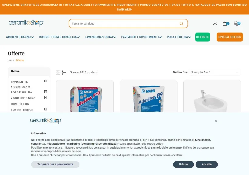 Schermata della pagina offerta di Ceramikeshop.it