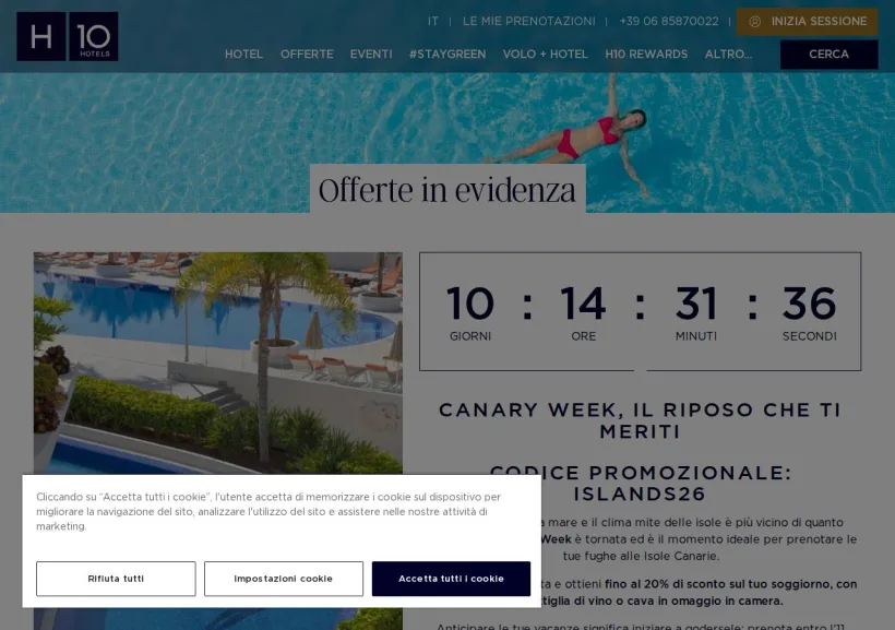 Schermata della pagina offerta di H10 Hotels