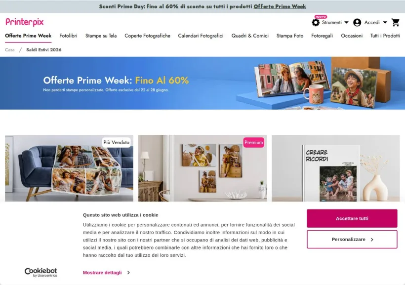 Schermata della pagina offerta di Printerpix