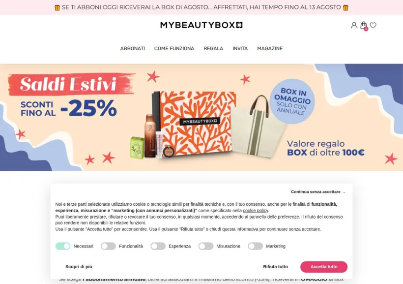 Schermata della pagina offerta di MyBeautyBox