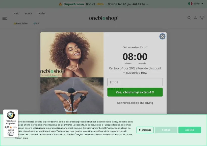 Schermata della pagina offerta di OneBioShopITA
