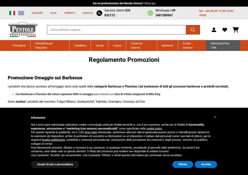 Schermata della pagina offerta di Pentole Professionali