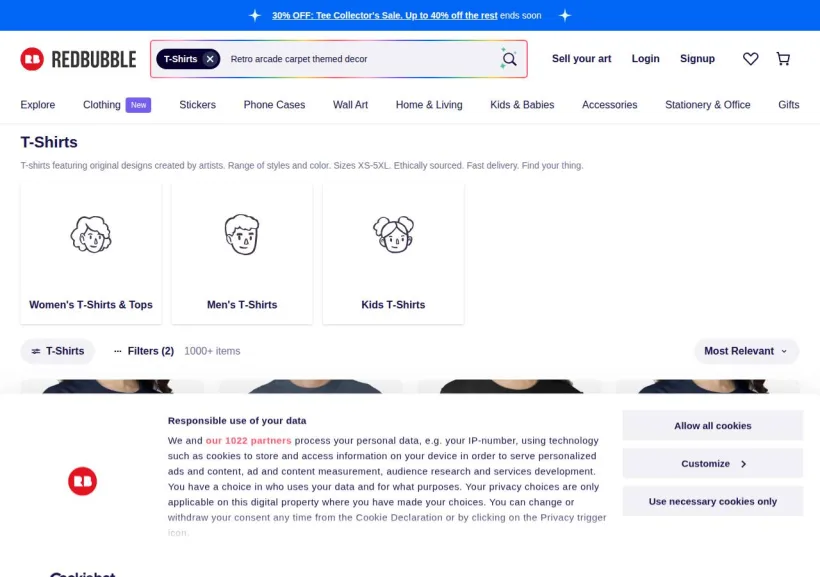 Schermata della pagina offerta di Redbubble