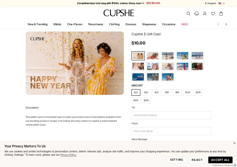 Schermata della pagina offerta di Cupshe