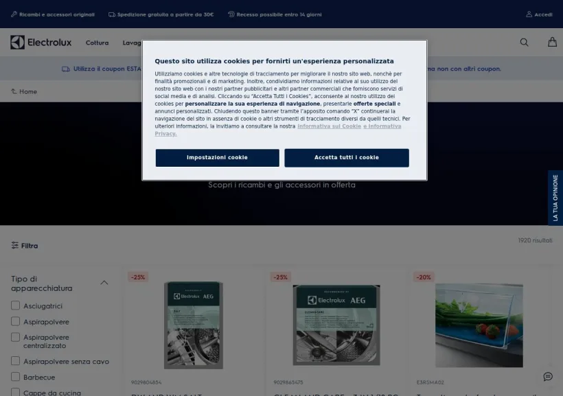 Schermata della pagina offerta di Shop Electrolux